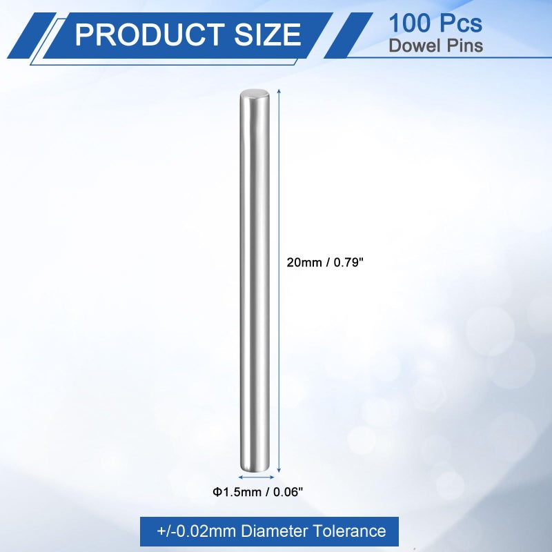 uxcell 100 Pcs 1.5mm x 20mm Dowel Pins Bearing Steel Cylindrical Dowel Pins Shelf Support Peg Pin Rod Fasten Elements Metal Shelf Pegs +/-0.02mm Diameter Tolerance, Silver Tone - Image 2